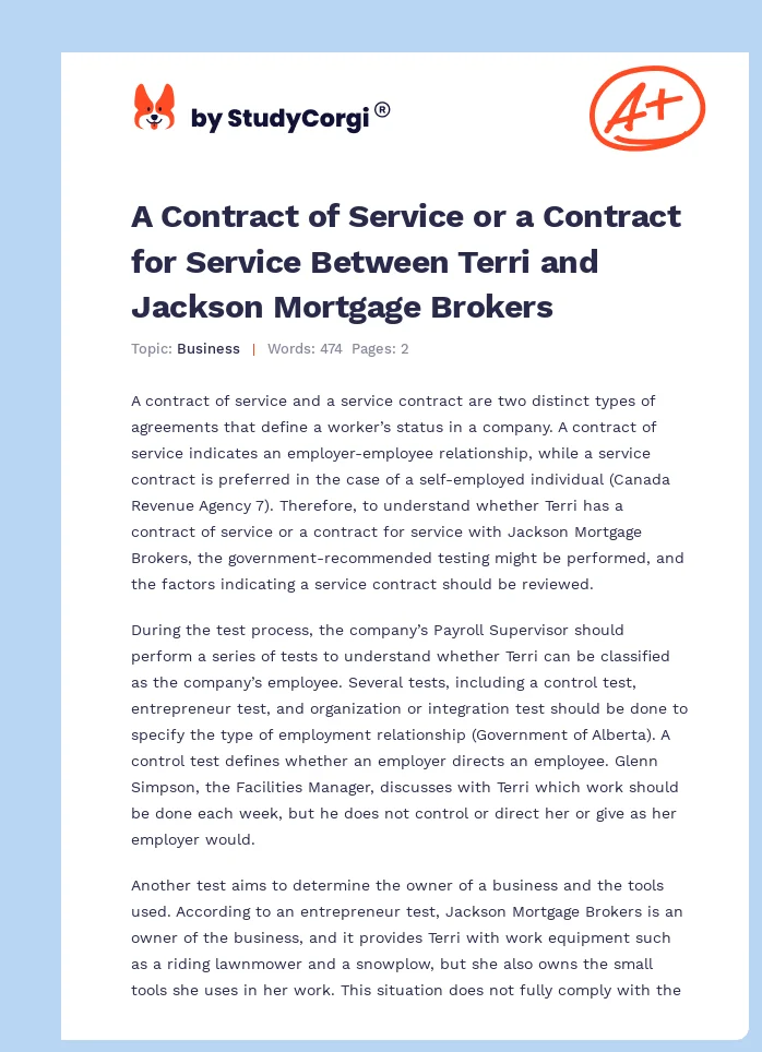 A Contract of Service or a Contract for Service Between Terri and Jackson Mortgage Brokers. Page 1