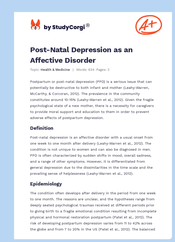 Post-Natal Depression as an Affective Disorder. Page 1
