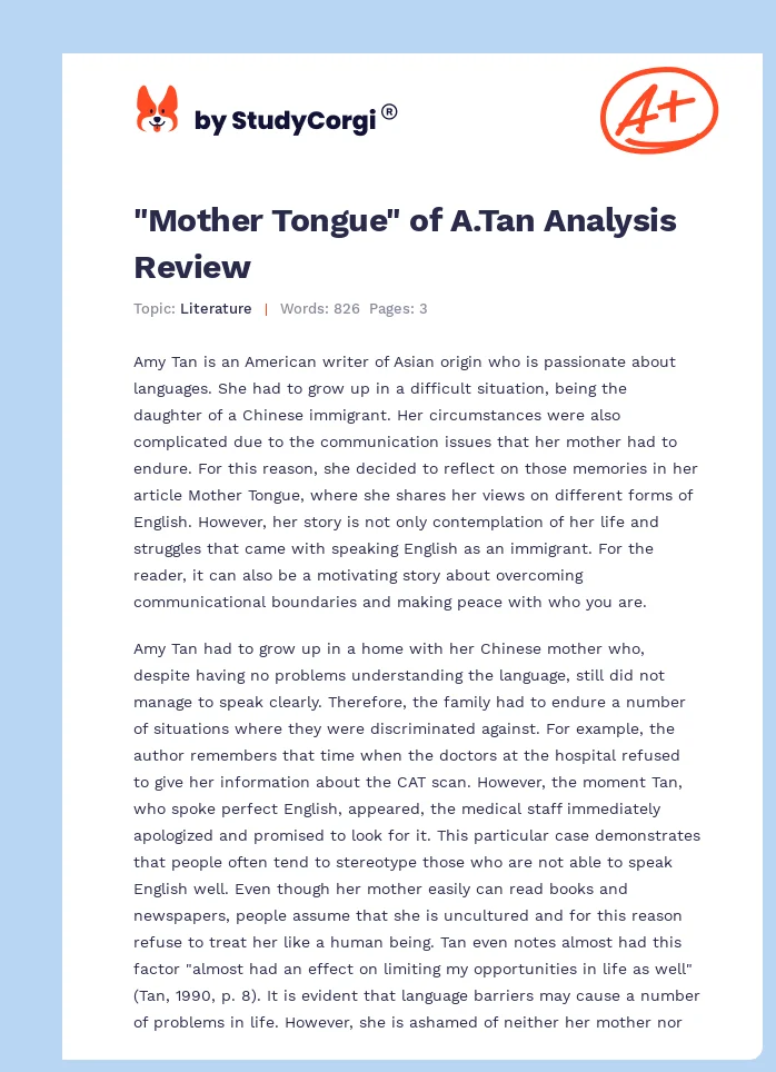 "Mother Tongue" of A.Tan Analysis Review. Page 1