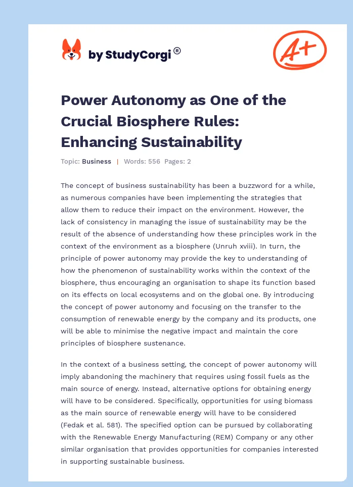 Power Autonomy as One of the Crucial Biosphere Rules: Enhancing Sustainability. Page 1
