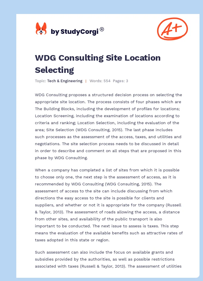 WDG Consulting Site Location Selecting. Page 1