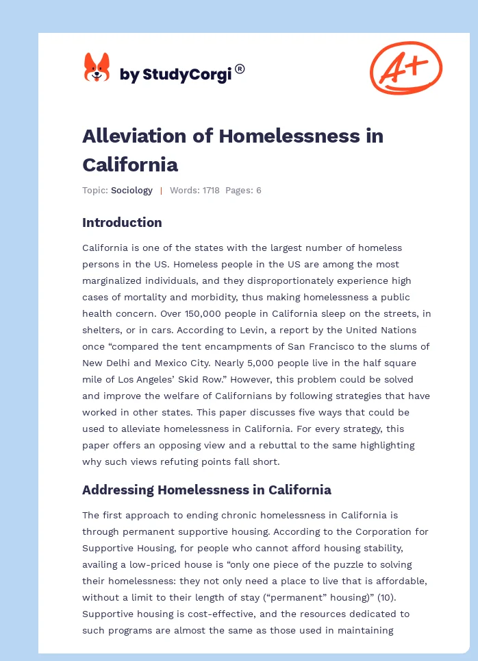 Alleviation of Homelessness in California. Page 1