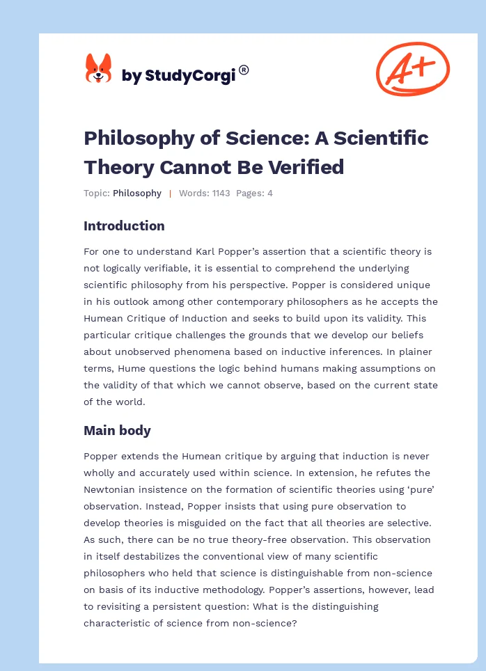 Philosophy of Science: A Scientific Theory Cannot Be Verified. Page 1