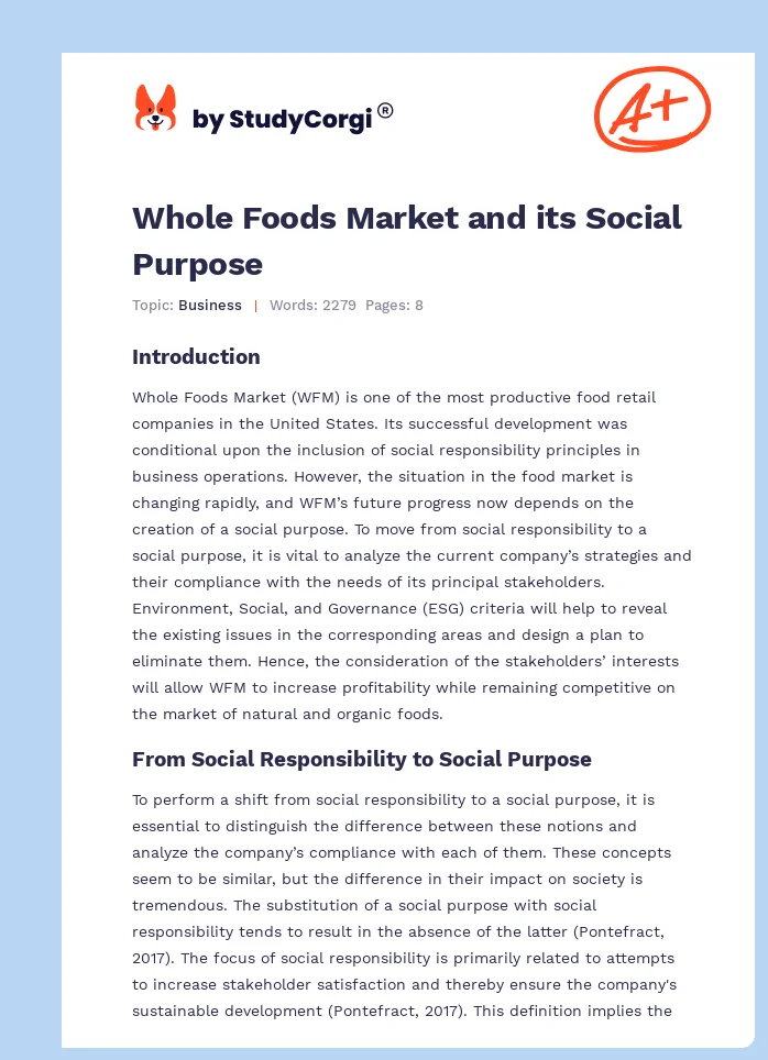 Whole Foods Market and its Social Purpose. Page 1