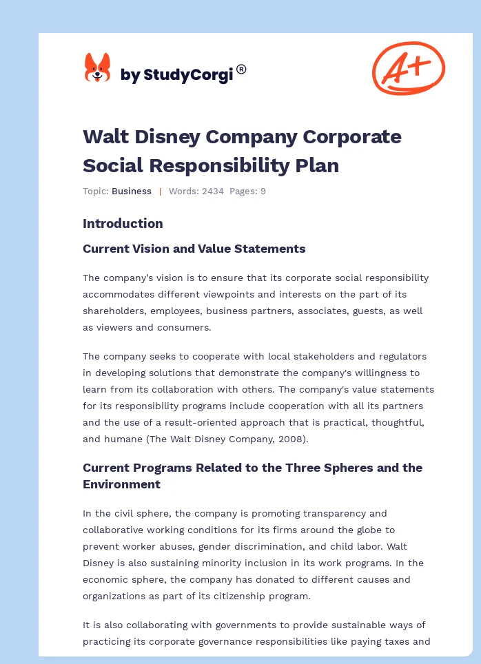 Walt Disney Company Corporate Social Responsibility Plan. Page 1