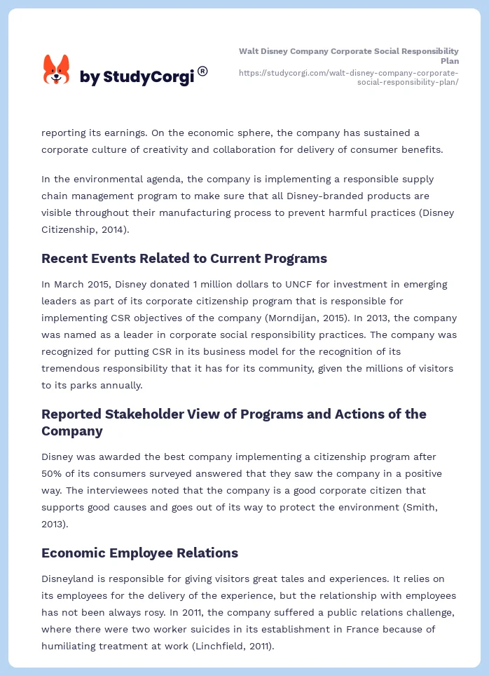 Walt Disney Company Corporate Social Responsibility Plan. Page 2