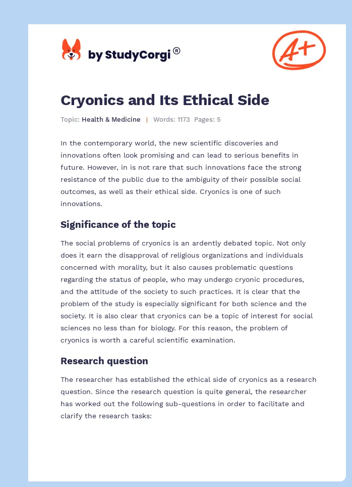 Cryonics and Its Ethical Side. Page 1