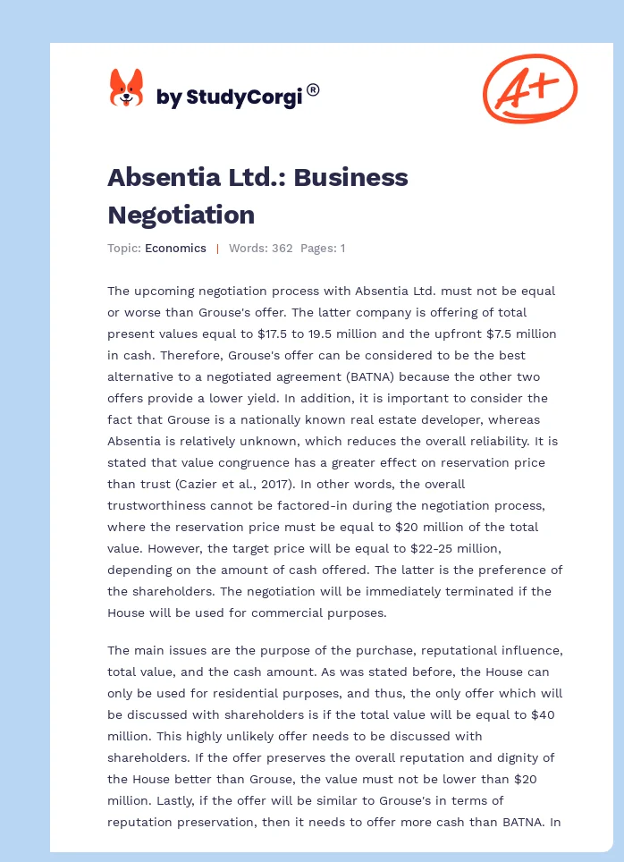 Absentia Ltd.: Business Negotiation. Page 1