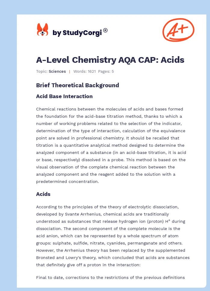 A-Level Chemistry AQA CAP: Acids. Page 1