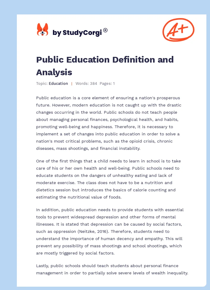 Public Education Definition and Analysis. Page 1