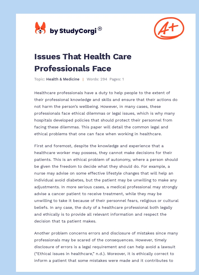 Issues That Health Care Professionals Face. Page 1