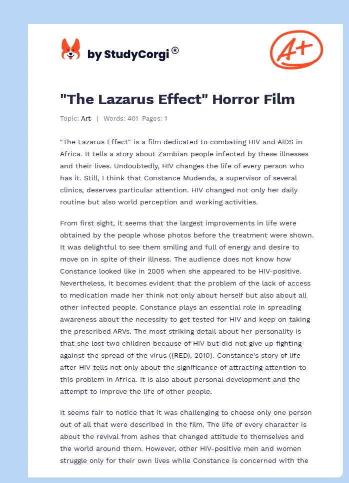 "The Lazarus Effect" Horror Film. Page 1