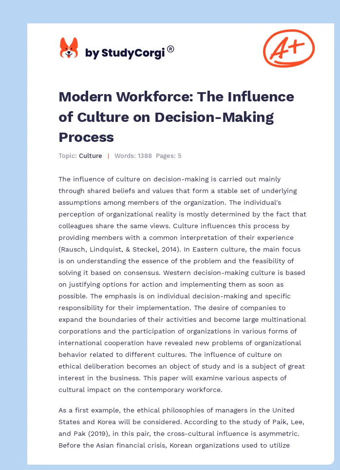 Modern Workforce: The Influence of Culture on Decision-Making Process. Page 1