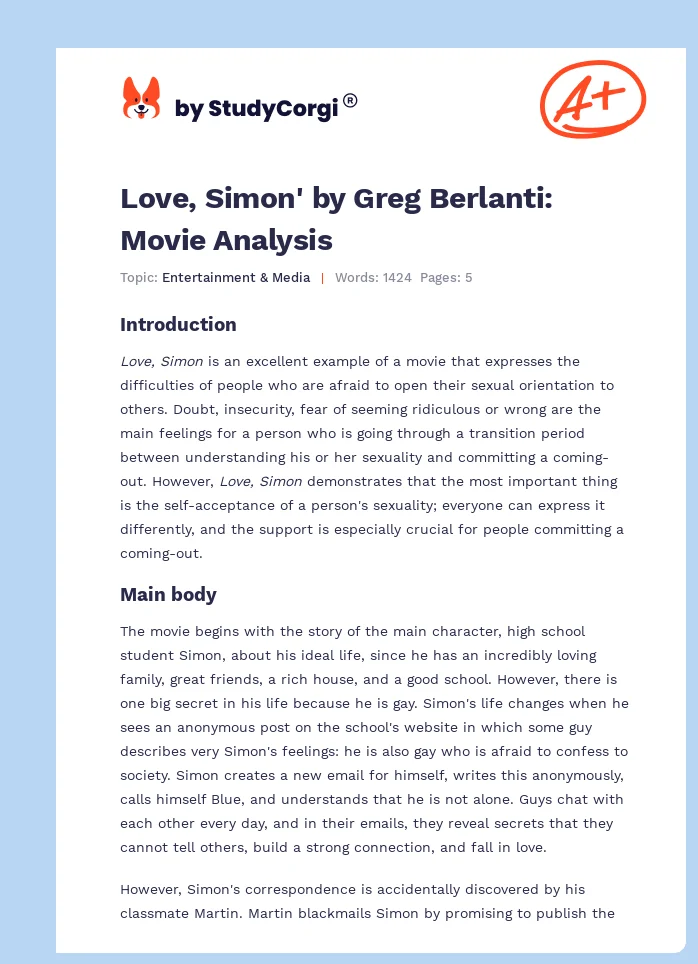 Love, Simon' by Greg Berlanti: Movie Analysis. Page 1