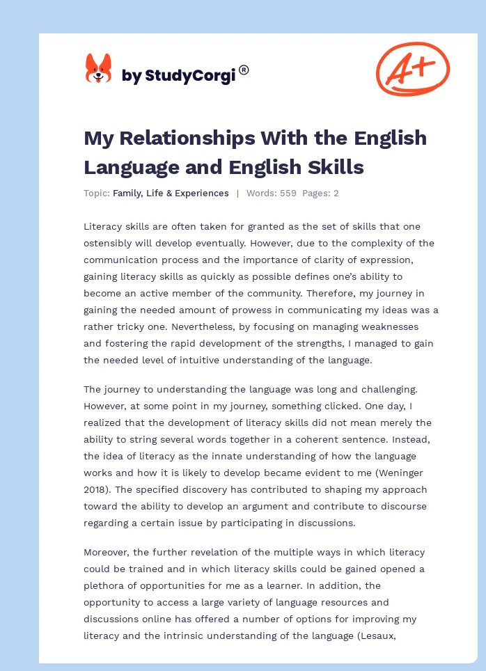 My Relationships With the English Language and English Skills. Page 1