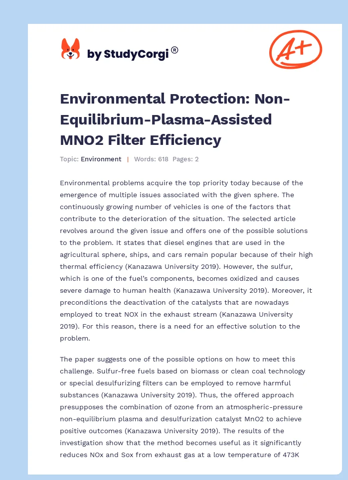 Environmental Protection: Non-Equilibrium-Plasma-Assisted MNO2 Filter Efficiency. Page 1