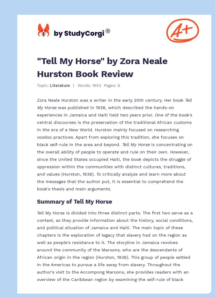 "Tell My Horse" by Zora Neale Hurston Book Review. Page 1