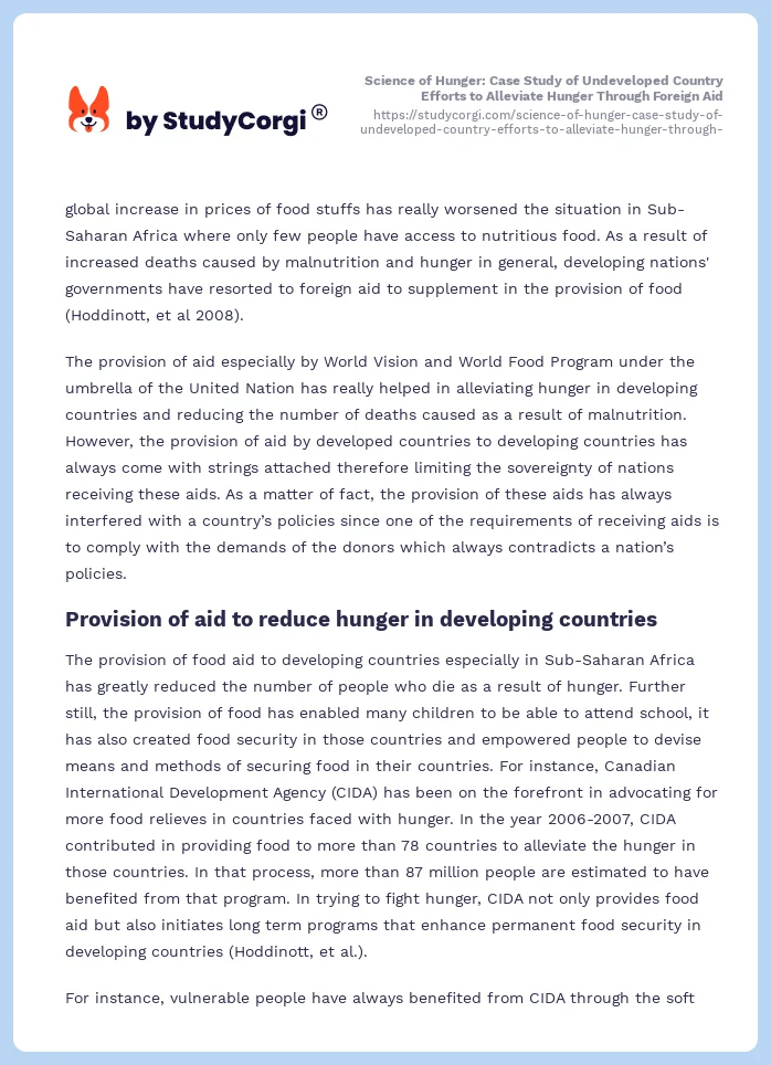 Science of Hunger: Case Study of Undeveloped Country Efforts to Alleviate Hunger Through Foreign Aid. Page 2