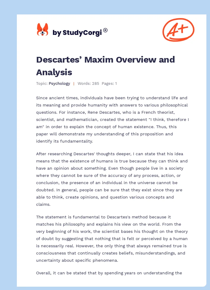 Descartes’ Maxim Overview and Analysis. Page 1