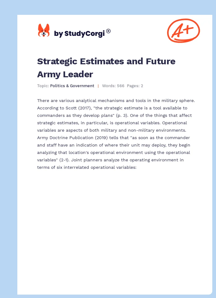 Strategic Estimates and Future Army Leader. Page 1
