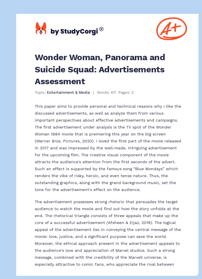Wonder Woman, Panorama and Suicide Squad: Advertisements Assessment. Page 1
