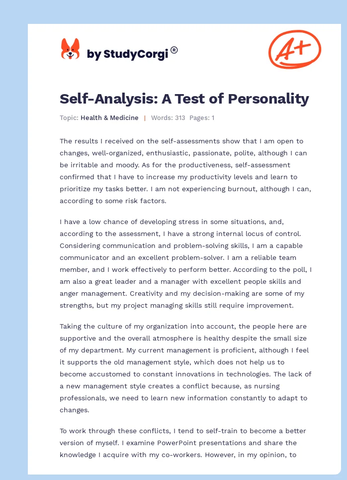 Self-Analysis: A Test of Personality. Page 1