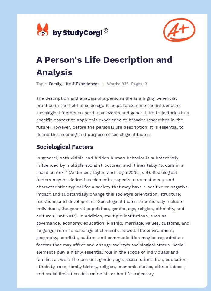 A Person's Life Description and Analysis. Page 1