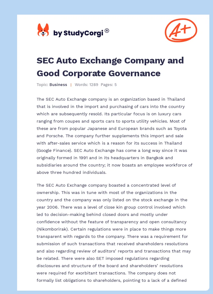 SEC Auto Exchange Company and Good Corporate Governance. Page 1