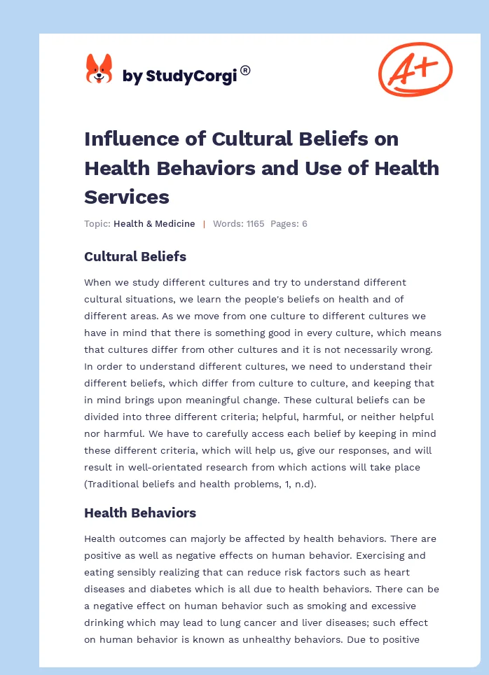 Influence of Cultural Beliefs on Health Behaviors and Use of Health Services. Page 1