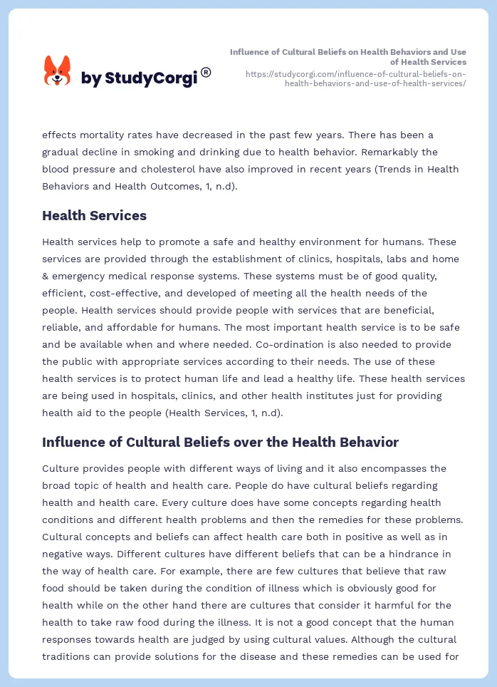 Influence of Cultural Beliefs on Health Behaviors and Use of Health Services. Page 2