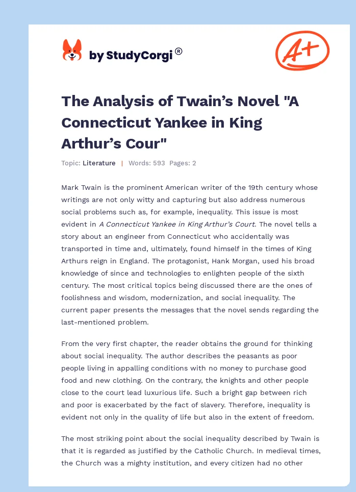 The Analysis of Twain’s Novel "A Connecticut Yankee in King Arthur’s Cour". Page 1