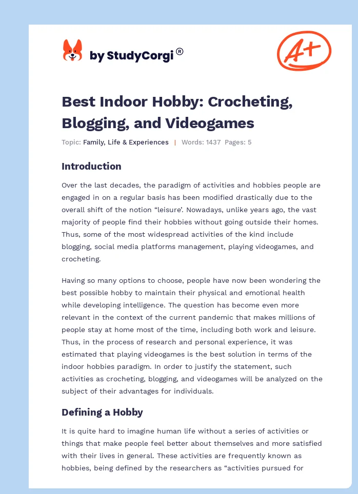 Best Indoor Hobby: Crocheting, Blogging, and Videogames. Page 1