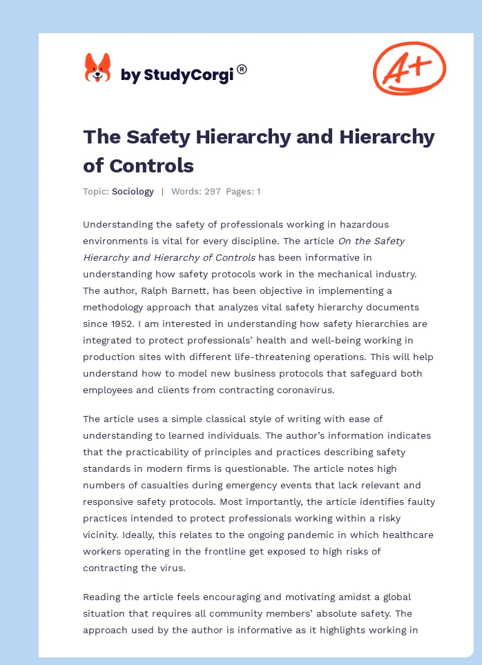 The Safety Hierarchy and Hierarchy of Controls. Page 1