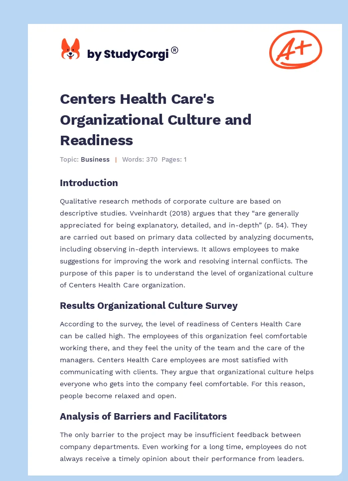 Centers Health Care's Organizational Culture and Readiness. Page 1