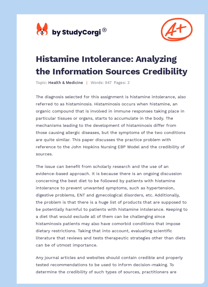 Histamine Intolerance: Analyzing the Information Sources Credibility. Page 1