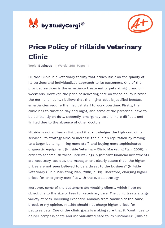 Price Policy of Hillside Veterinary Clinic. Page 1