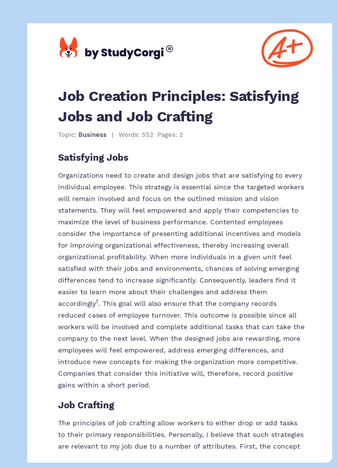 Job Creation Principles: Satisfying Jobs and Job Crafting. Page 1