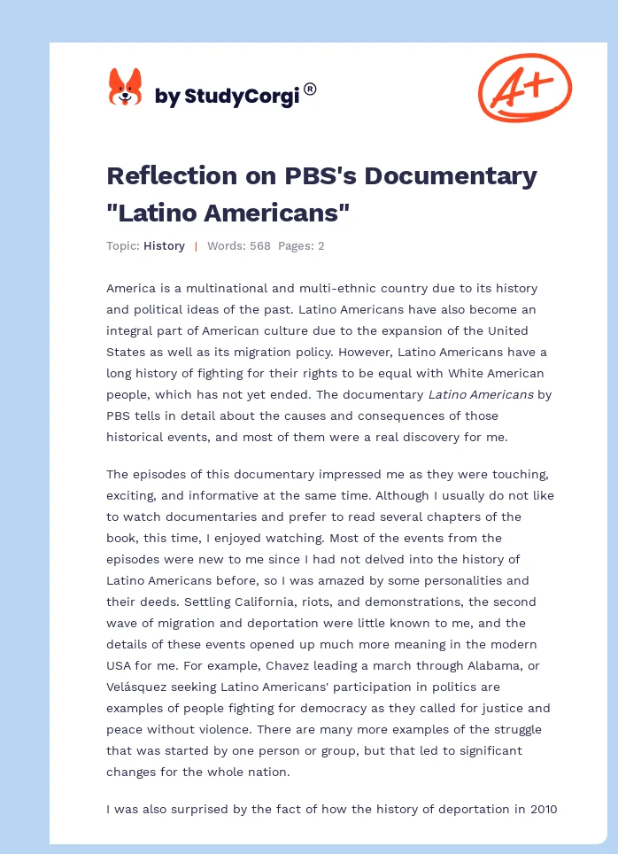 Reflection on PBS's Documentary "Latino Americans". Page 1