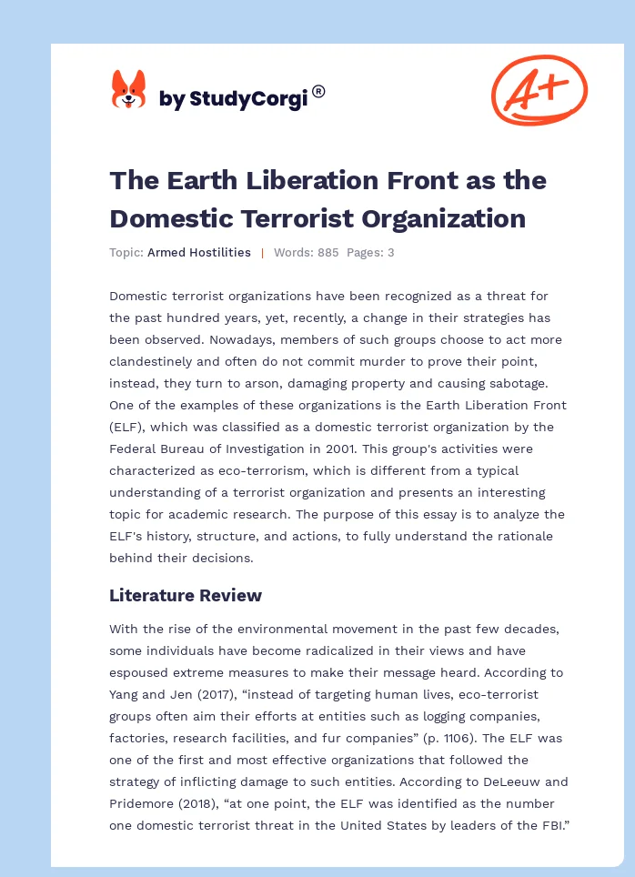 The Earth Liberation Front as the Domestic Terrorist Organization. Page 1