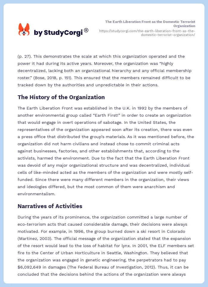 The Earth Liberation Front as the Domestic Terrorist Organization. Page 2