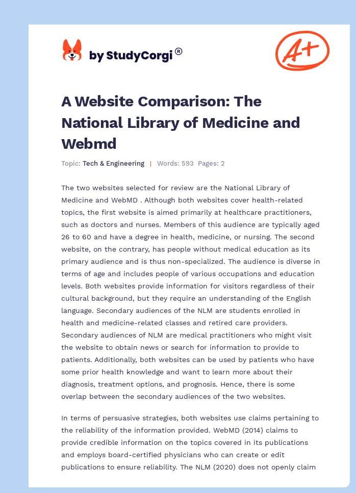 A Website Comparison: The National Library of Medicine and Webmd. Page 1