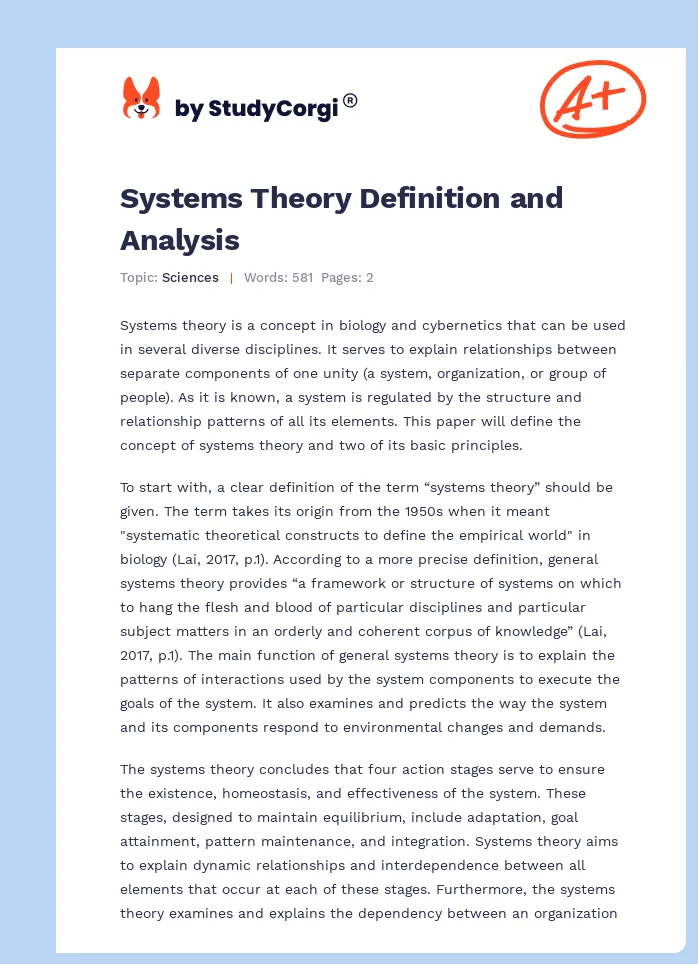 Systems Theory Definition and Analysis. Page 1