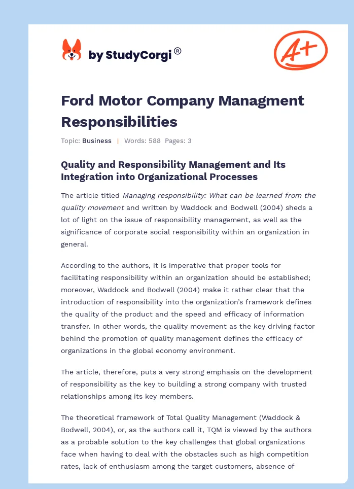 Ford Motor Company Managment Responsibilities. Page 1