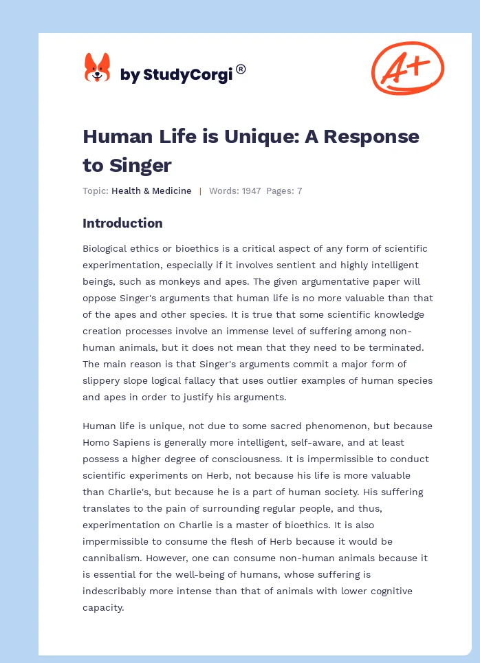 Human Life is Unique: A Response to Singer. Page 1