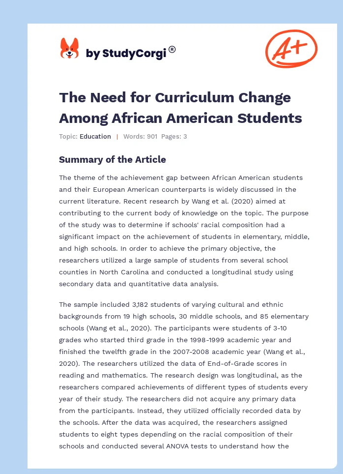 The Need for Curriculum Change Among African American Students. Page 1
