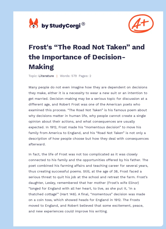 Frost's “The Road Not Taken” and the Importance of Decision-Making. Page 1