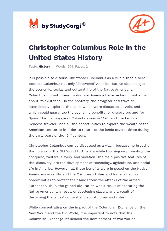 Christopher Columbus Role in the United States History. Page 1