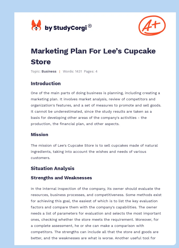 Marketing Plan For Lee’s Cupcake Store. Page 1