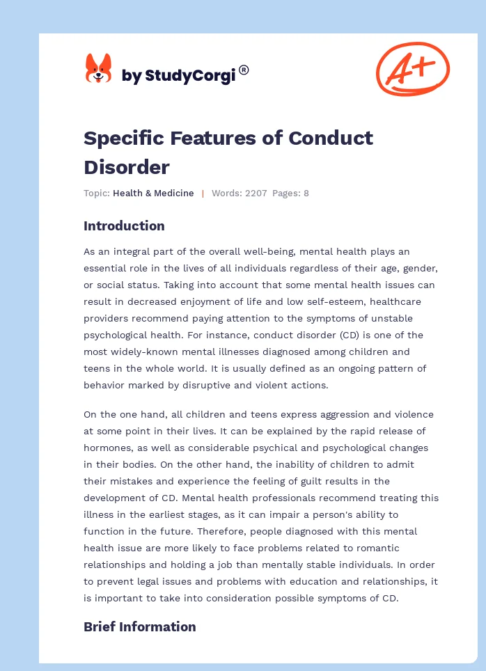 Specific Features of Conduct Disorder. Page 1