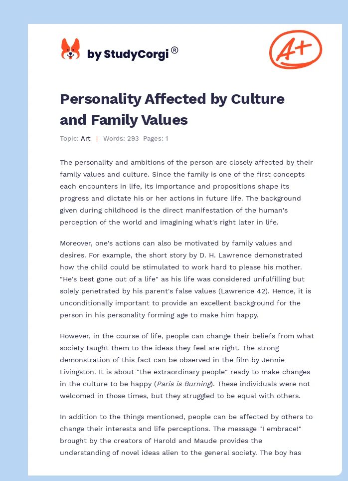 Personality Affected by Culture and Family Values. Page 1